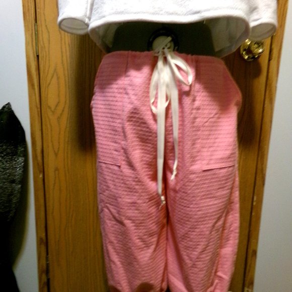 NEW RIP Stop Denim Capris sz 12 Pink patterned Casual pants Drawstring waist - Picture 9 of 14